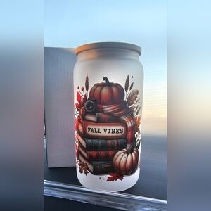 Fall Vibes Frosted Glass Drinking Jar With Straw